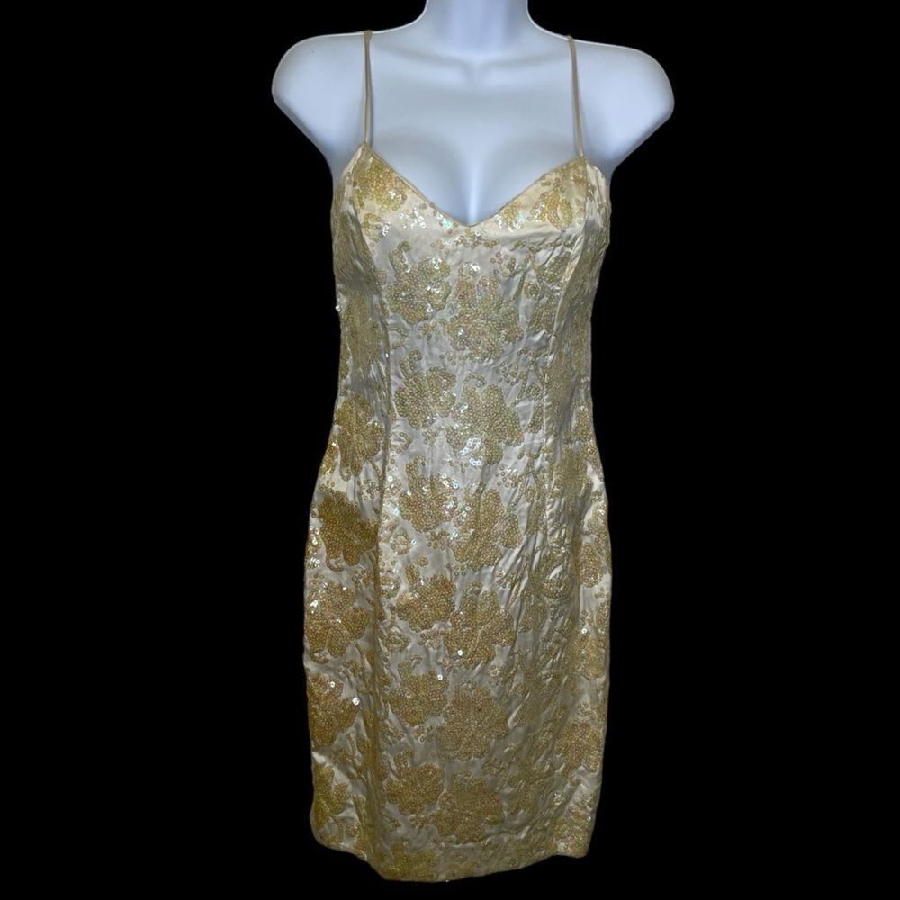 Vintage Zum Zum 80’s Sequin Cocktail Dress Cream Gold Size 3/4